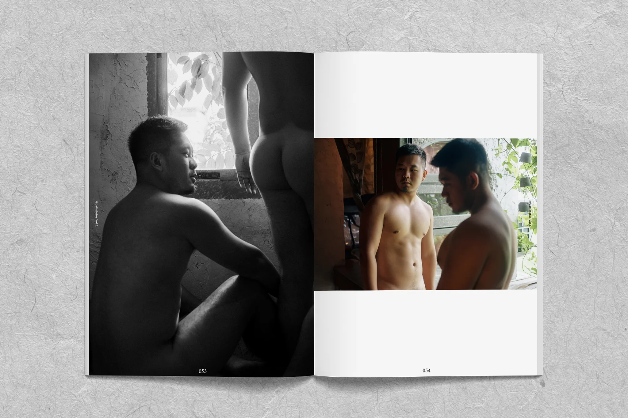 Lattefotos XXERØS Vol.01 男體藝術攝影：黑白窗光裸體側影與彩色室內對視跨頁