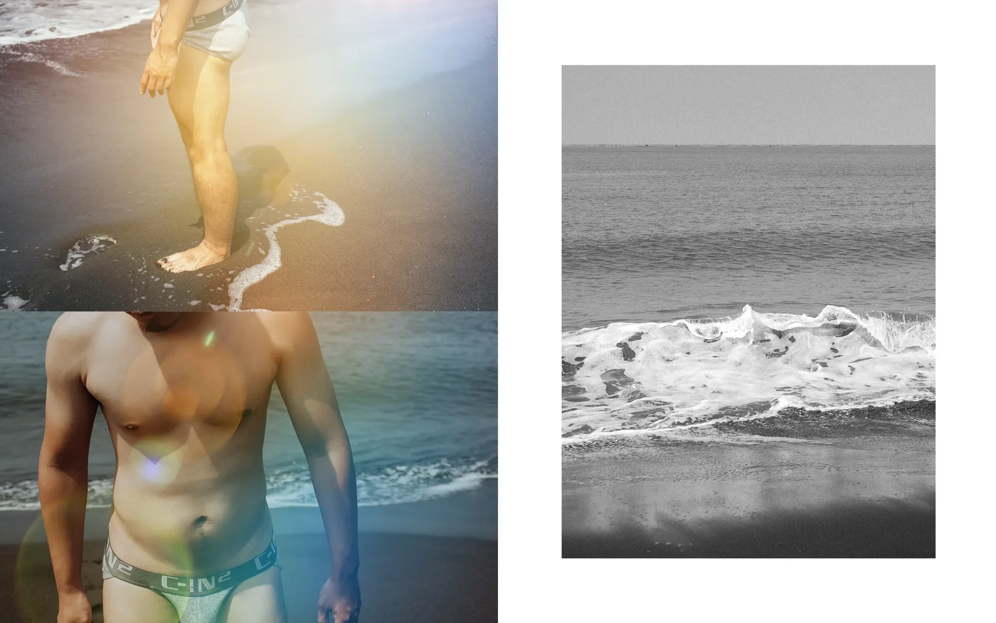 男像攝影：仁虎於海邊展露自然神情，背景為過曝的海面。 | 宇宙拿鐵 @Lattefotos