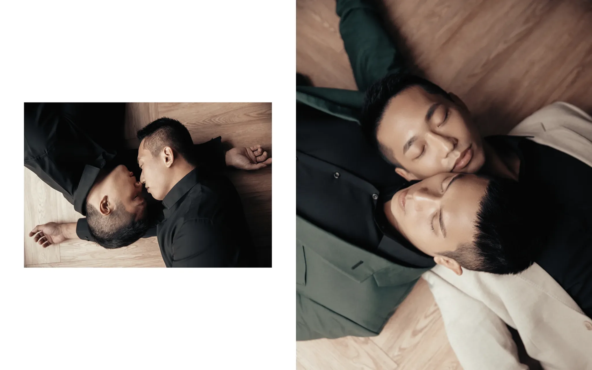 宇宙拿鐵 Lattefotos 台中婚紗：兩人躺在地板並肩微笑。