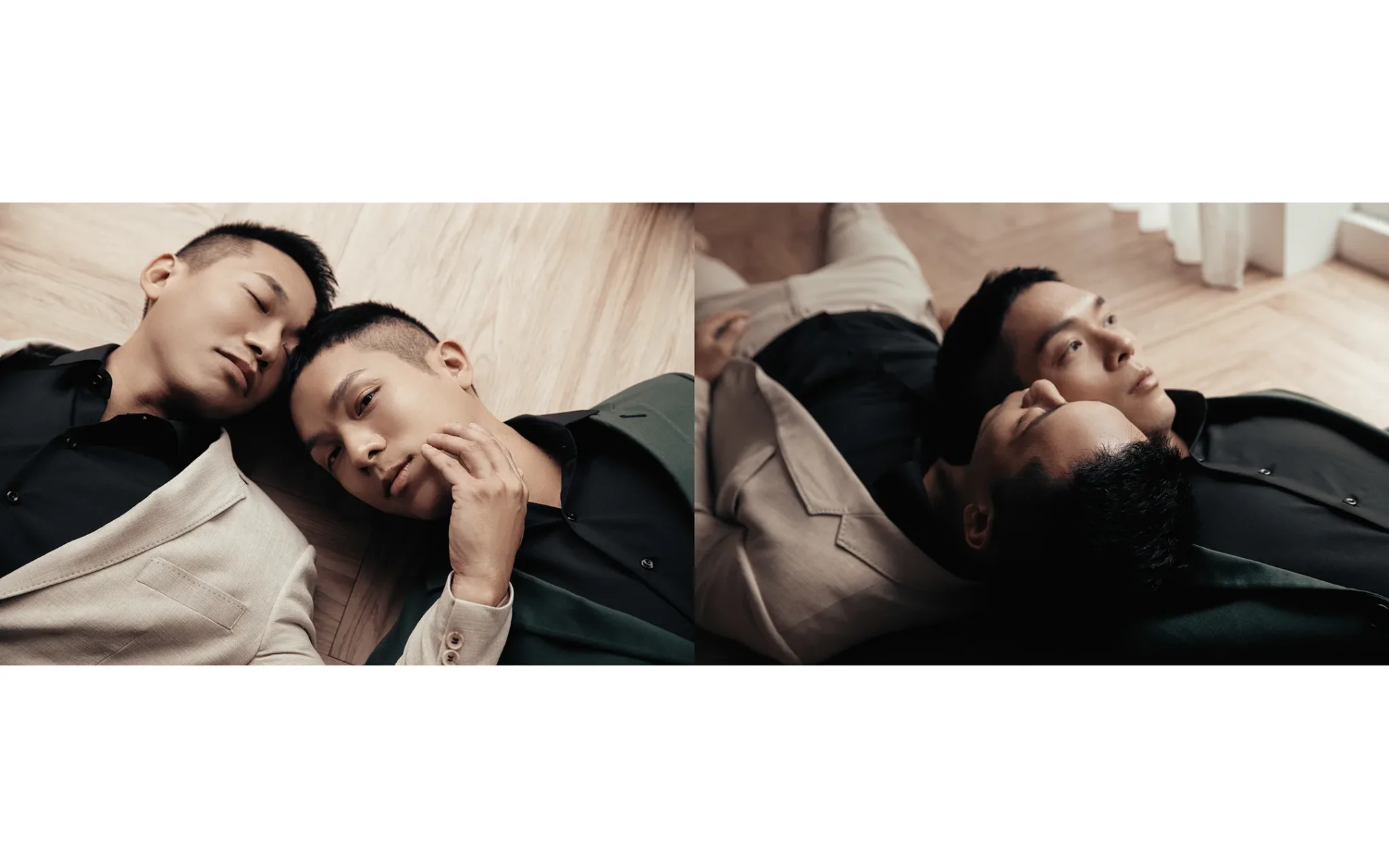 宇宙拿鐵 Lattefotos 質感婚紗：兩人靠在一起依偎休息。