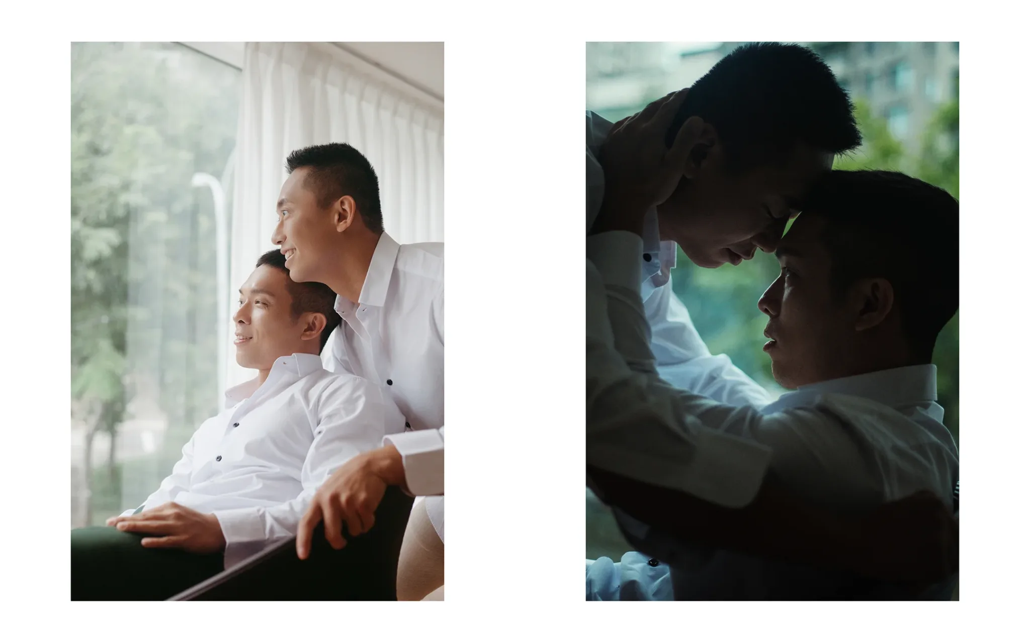 宇宙拿鐵 Lattefotos 台中婚紗：Josh & Roy 窗邊逆光形成兩人剪影輪廓。