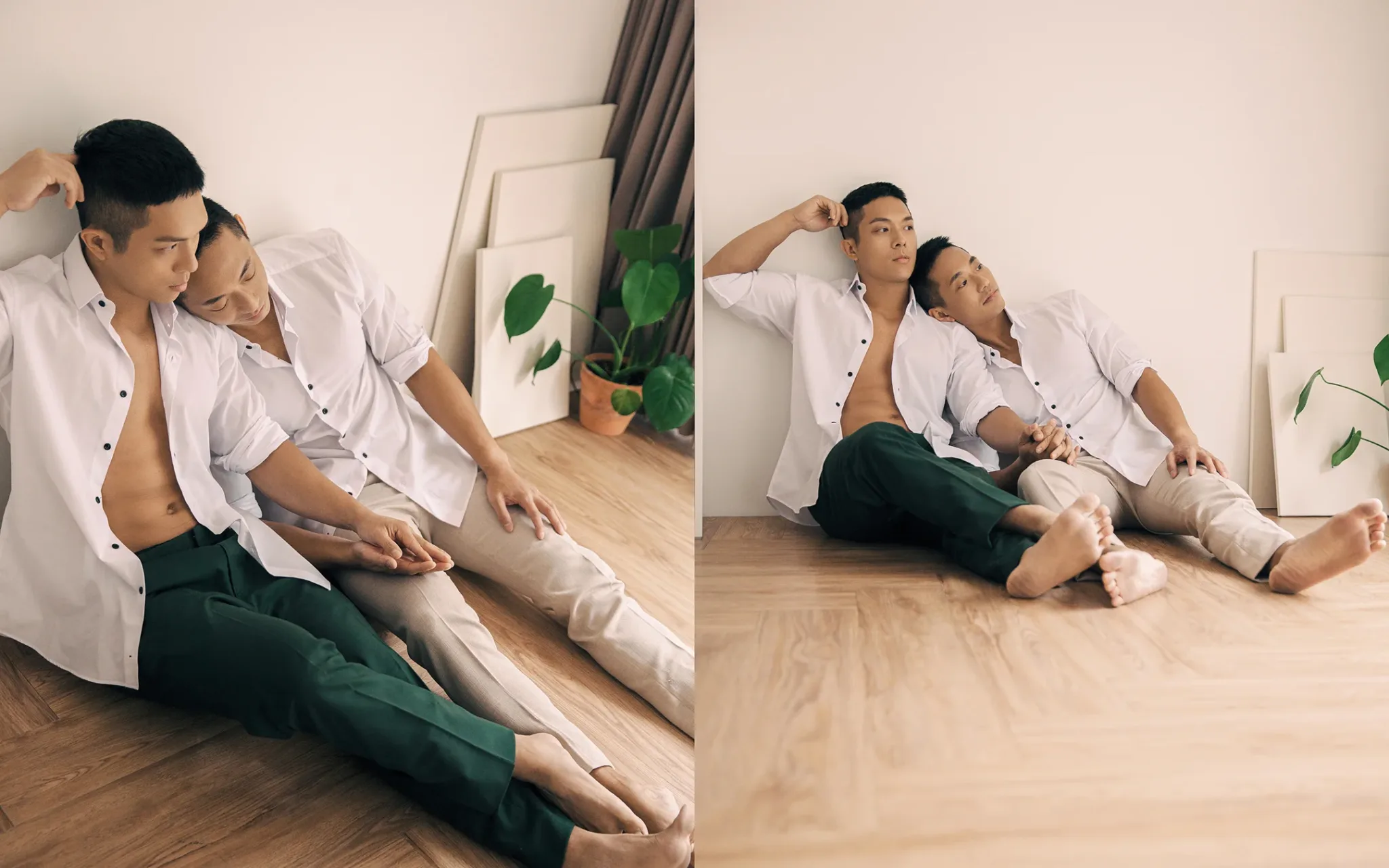 宇宙拿鐵 Lattefotos 男男婚紗：Josh & Roy 靠牆席地而坐的兩人輕鬆互動。