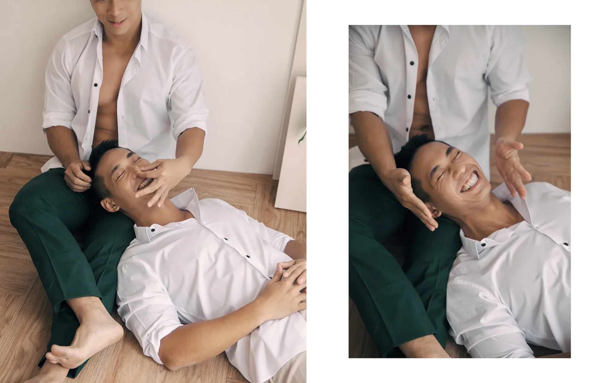 宇宙拿鐵 Lattefotos 台中婚紗：兩人打鬧大笑的自然互動畫面。