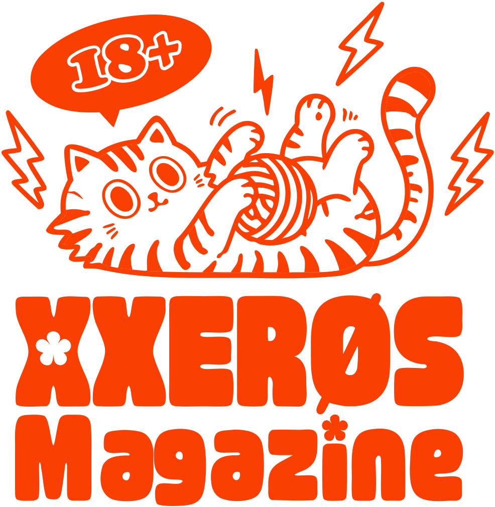 XXERØS Magazine 18禁限制級標誌 – Lattefotos Lattefotos XXERØS:線稿插畫作品,一隻橘貓坐在復古理髮椅上翻閱XXERØS雜誌