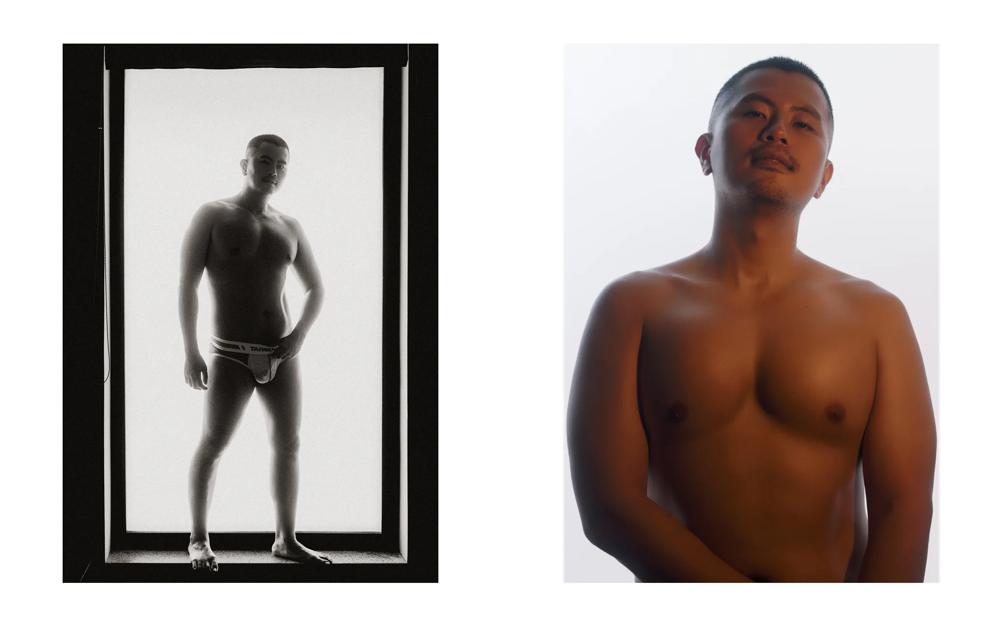 男子身形剪影,光影男體藝術 | Lattefotos 02 站在門框光影中的全身剪影與胸肌特寫,以強烈明暗對比呈現宇宙拿鐵的男性人體藝術視覺。