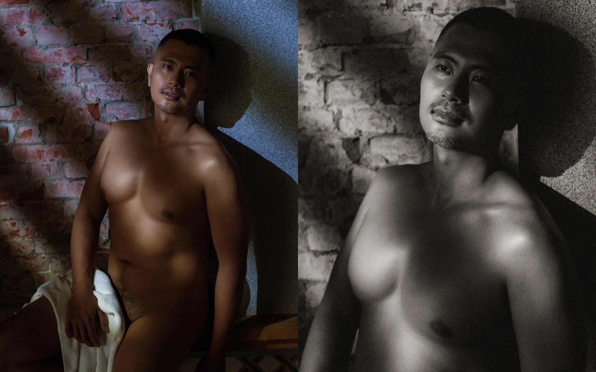 紅磚牆男士人像,質感肌理寫真 | Lattefotos 06 背靠粗糙紅磚牆的側光人像,展現宇宙拿鐵藉由粗糙牆面襯托出細緻男士寫真肌理的力量感。