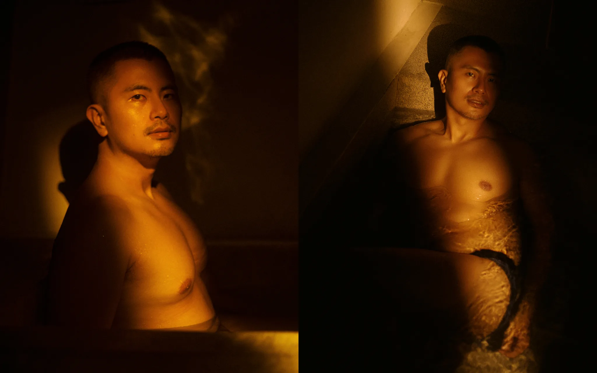 黃金光源人像,故事感男性寫真 | 宇宙拿鐵 12 暖金色光線強烈打在精緻側臉上,宇宙拿鐵以黃金光源人像,讓溫暖光束在寒夜中顯得格外耀眼。