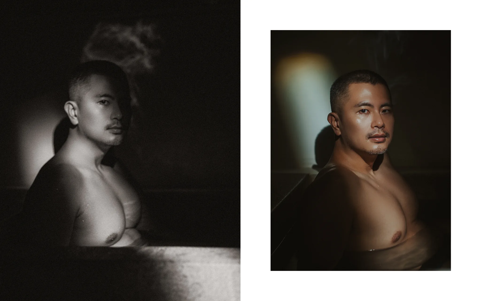 情緒眼神捕捉,男體藝術作品 | Lattefotos 13 極黑背景下的肩膀特寫與溫柔眼神框景,宇宙拿鐵透過情緒厚度賦予男體藝術靈魂與溫度。
