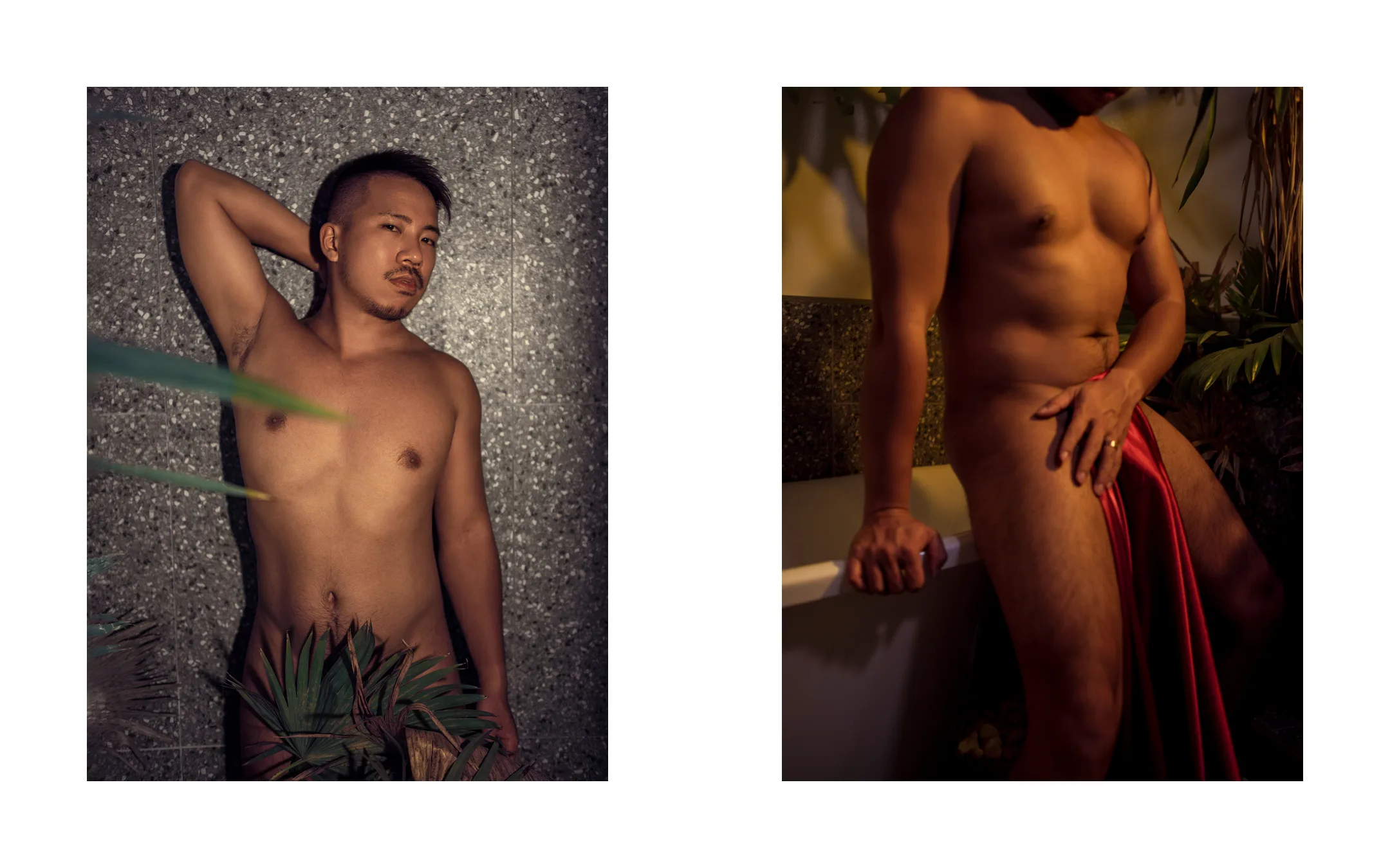 台南民宿男體寫真|Remains 此刻留下 — 小貢 Chris 台南閃光燈與紅色配件 宇宙拿鐵 台南男體攝影:小貢 Chris 於民宿,閃光燈高反差打光,棕櫚葉造型配件,強烈明暗對比