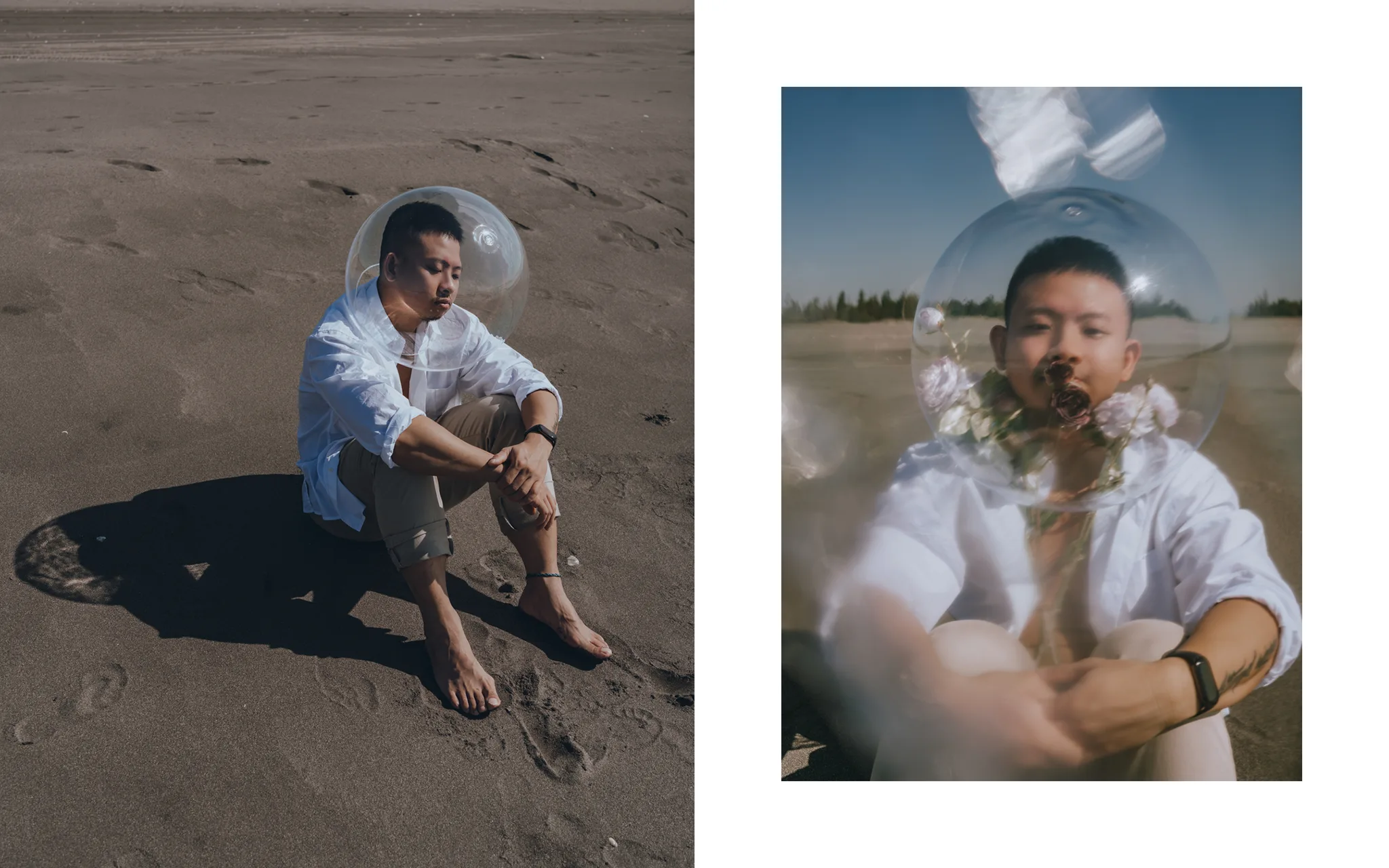 小美軍海邊寫真|沙灘上的氣泡時刻 海邊男體寫真:沙灘坐姿與氣泡意象並置畫面