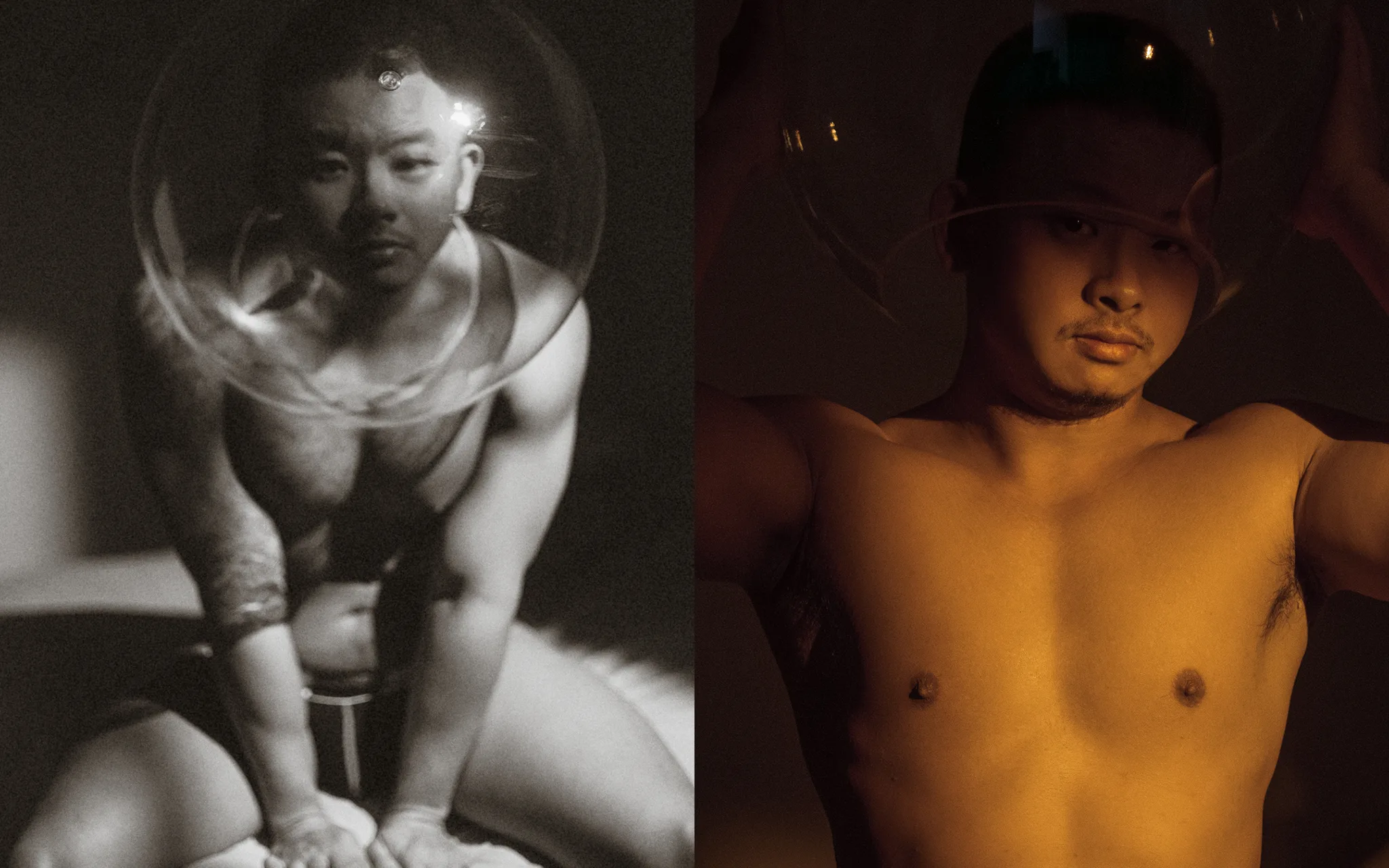 台南男性寫真|氣泡意象的黑白收尾 黑白男體寫真:蜷坐氣泡意象與暖光肖像並置畫面