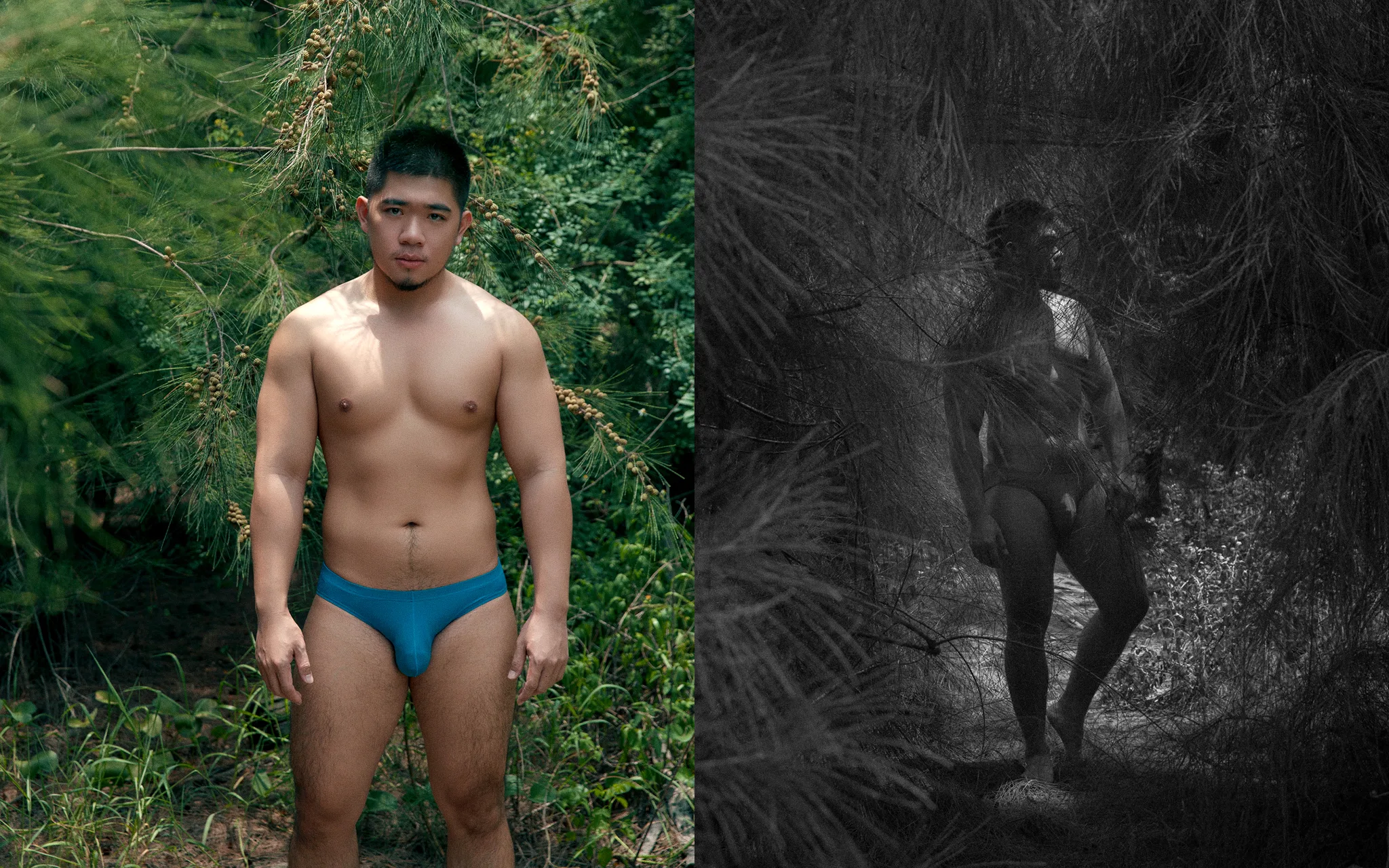 小美軍樹林寫真|彩色與黑白的兩種距離 黑白男體寫真:樹林彩色全身照與逆光黑白剪影並置