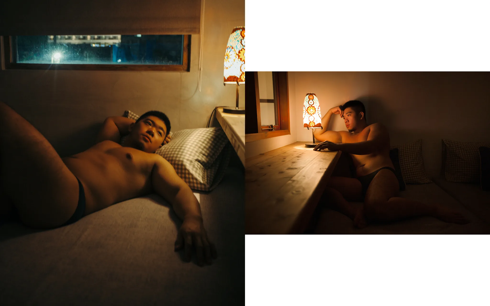 台南民宿寫真|夜晚的兩種靜止 居家感男寫真:床上臥躺與桌燈旁坐姿夜晚畫面