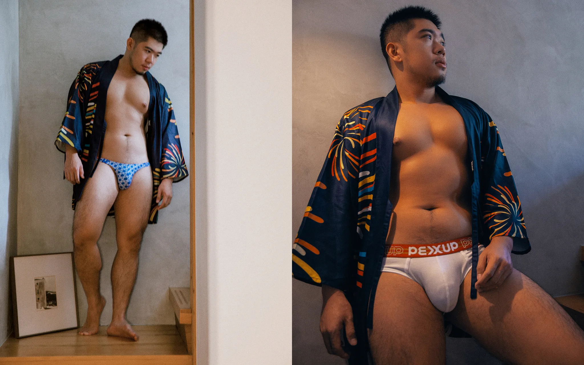 台南男性寫真|浴袍與泳褲的並置 居家感男寫真:深色印花浴袍與泳褲並置畫面