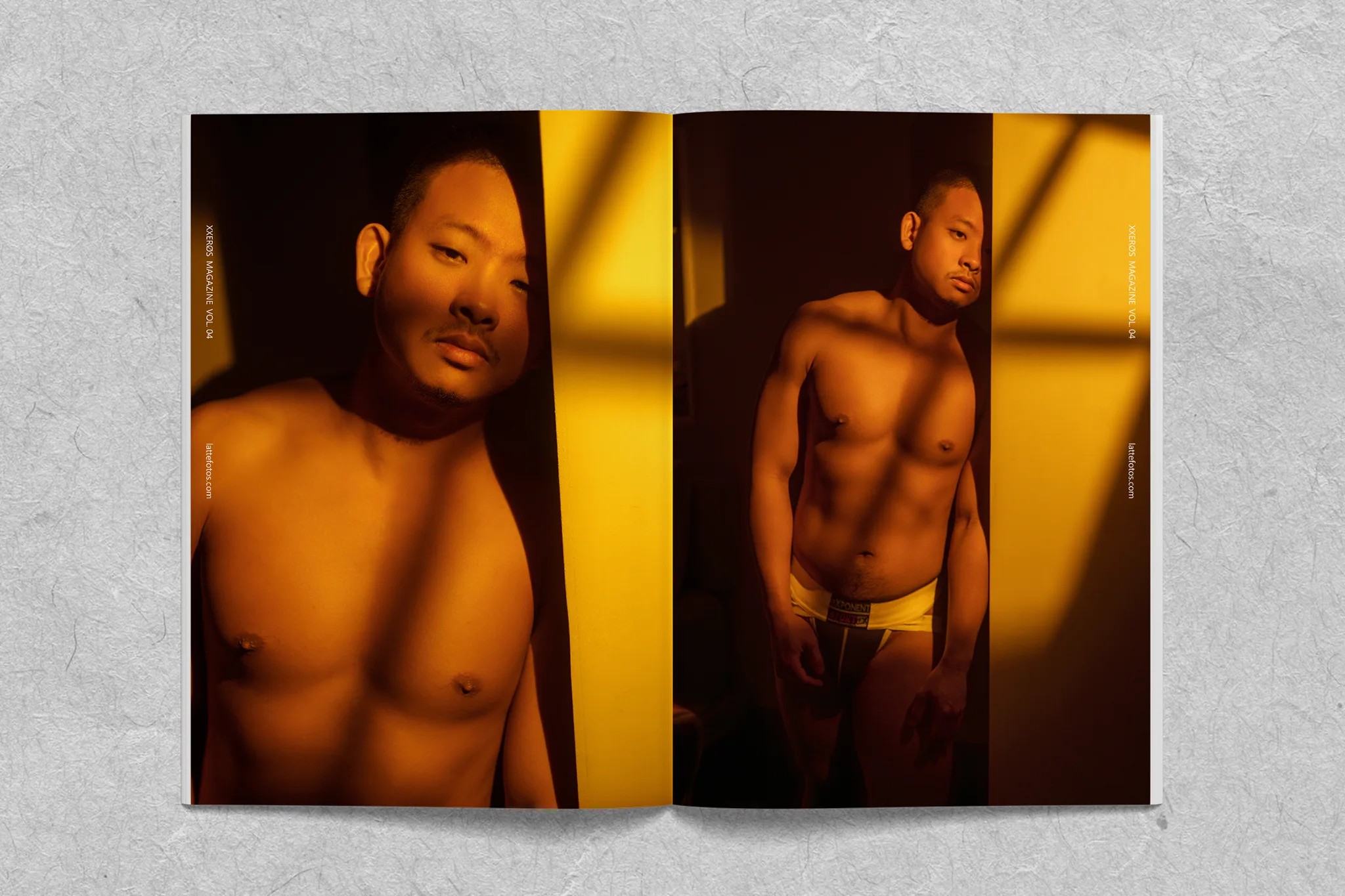 宇宙拿鐵 Lattefotos XXERØS Vol.04 RESONANCE 內頁，室內黃色光線男體藝術攝影，親密氛圍人像