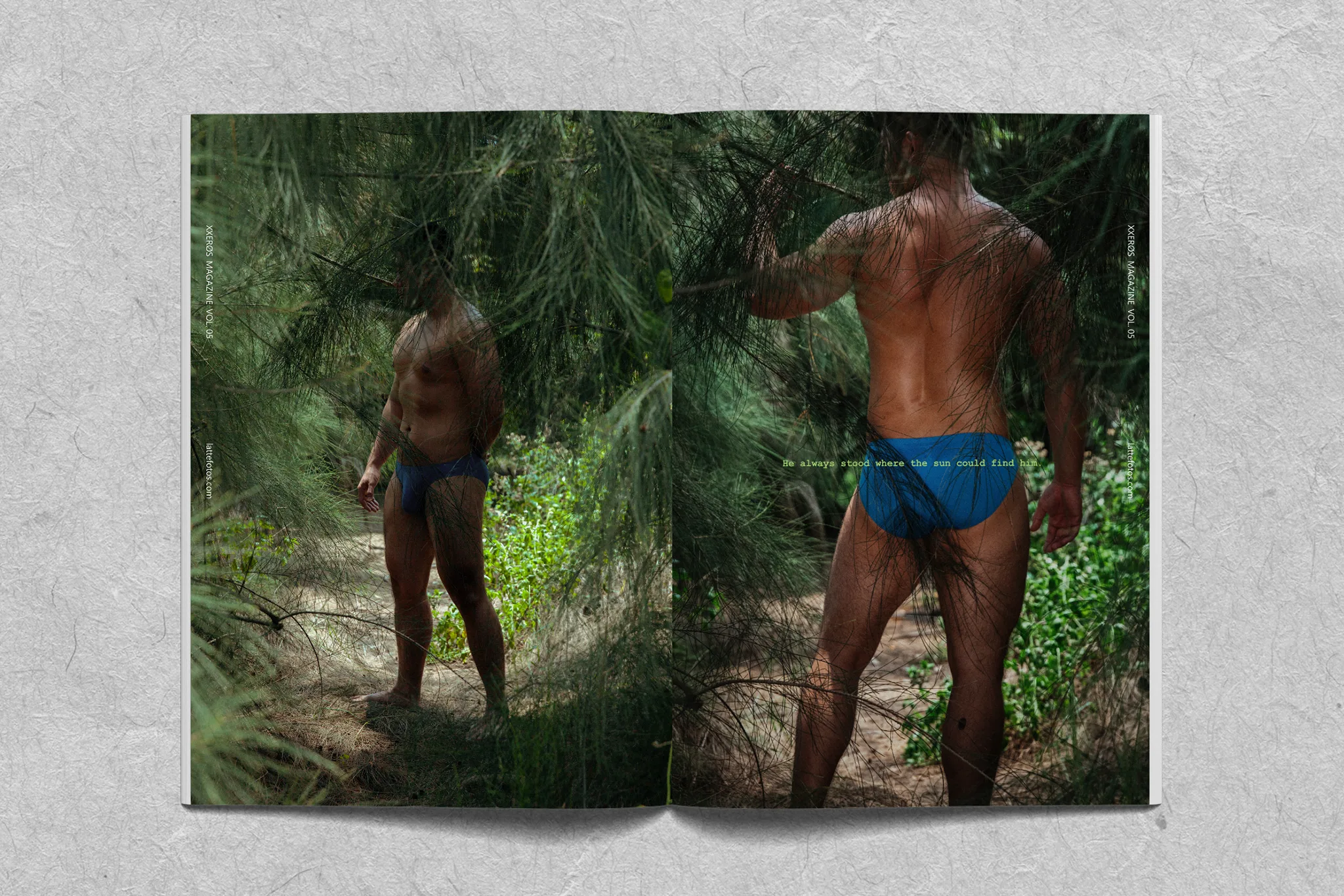 XXERØS Magazine Vol.05《REMAIN》| 男性寫真電子攝影誌 10 林小牛立於濃密戶外植物場景,自然光在身體輪廓留下斑駁光影,台灣男性寫真攝影