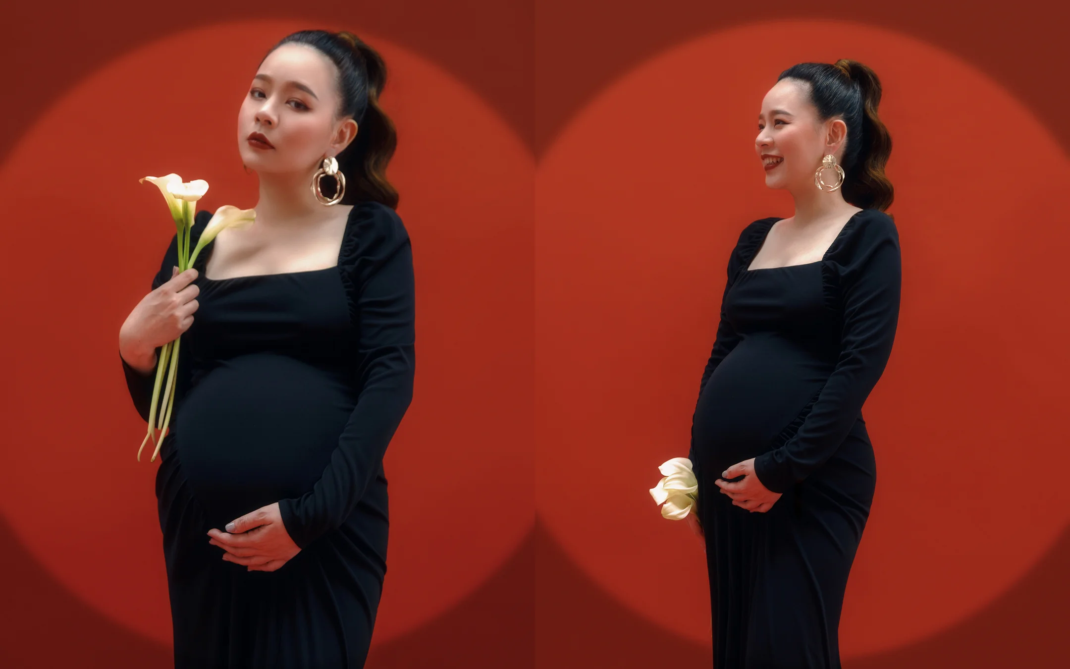 酒紅圓形聚光燈黑色長裙孕照 | 美式時尚寫真 宇宙拿鐵 孕婦VIVI身穿黑色方領長裙手持白色海芋站在酒紅色圓形聚光燈下