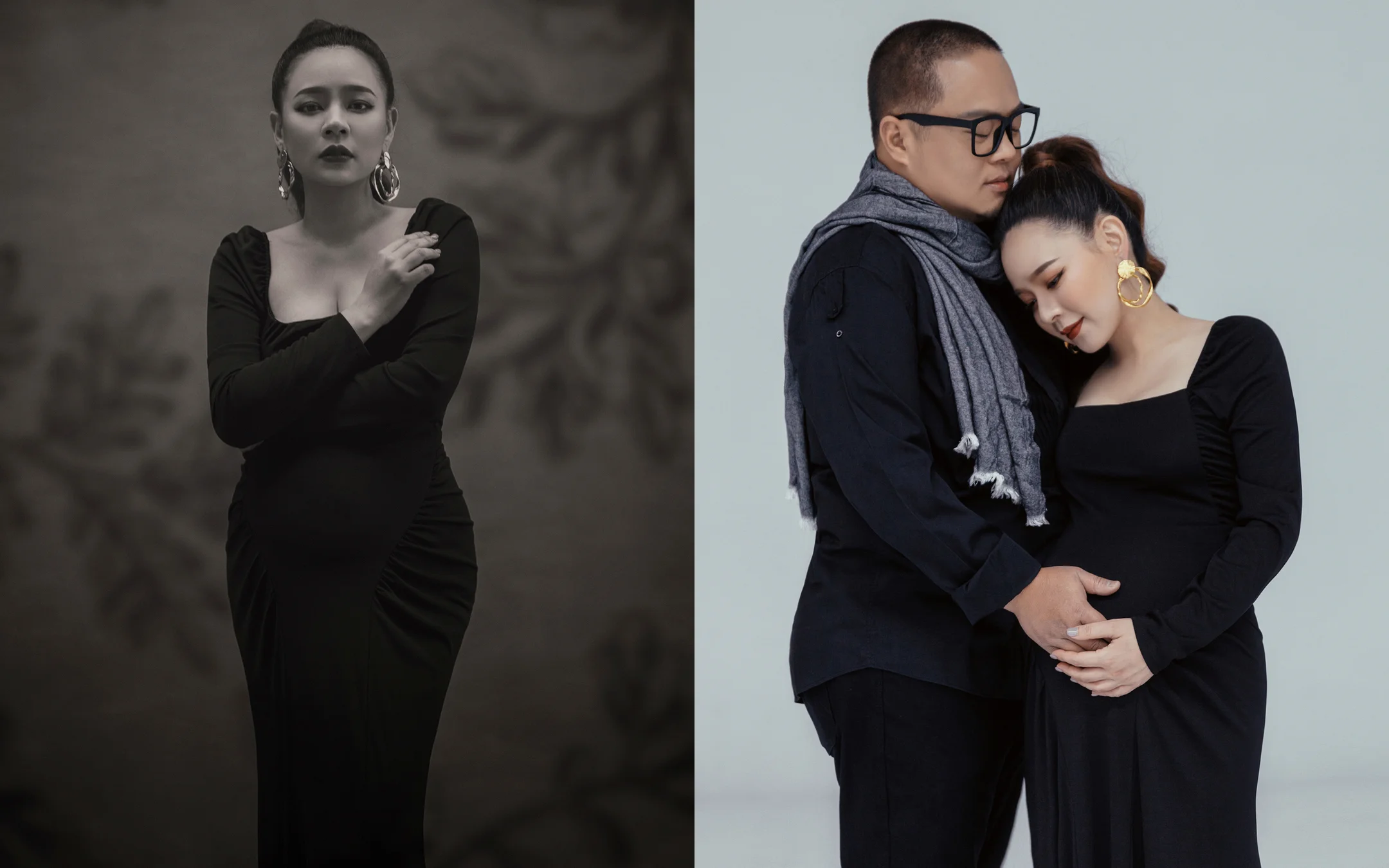 極簡灰底黑裙冷艷單人姿態 | 雜誌視覺 Lattefotos 孕婦VIVI黑色長裙單人時尚全身照與輕靠先生肩頭的雙人合照