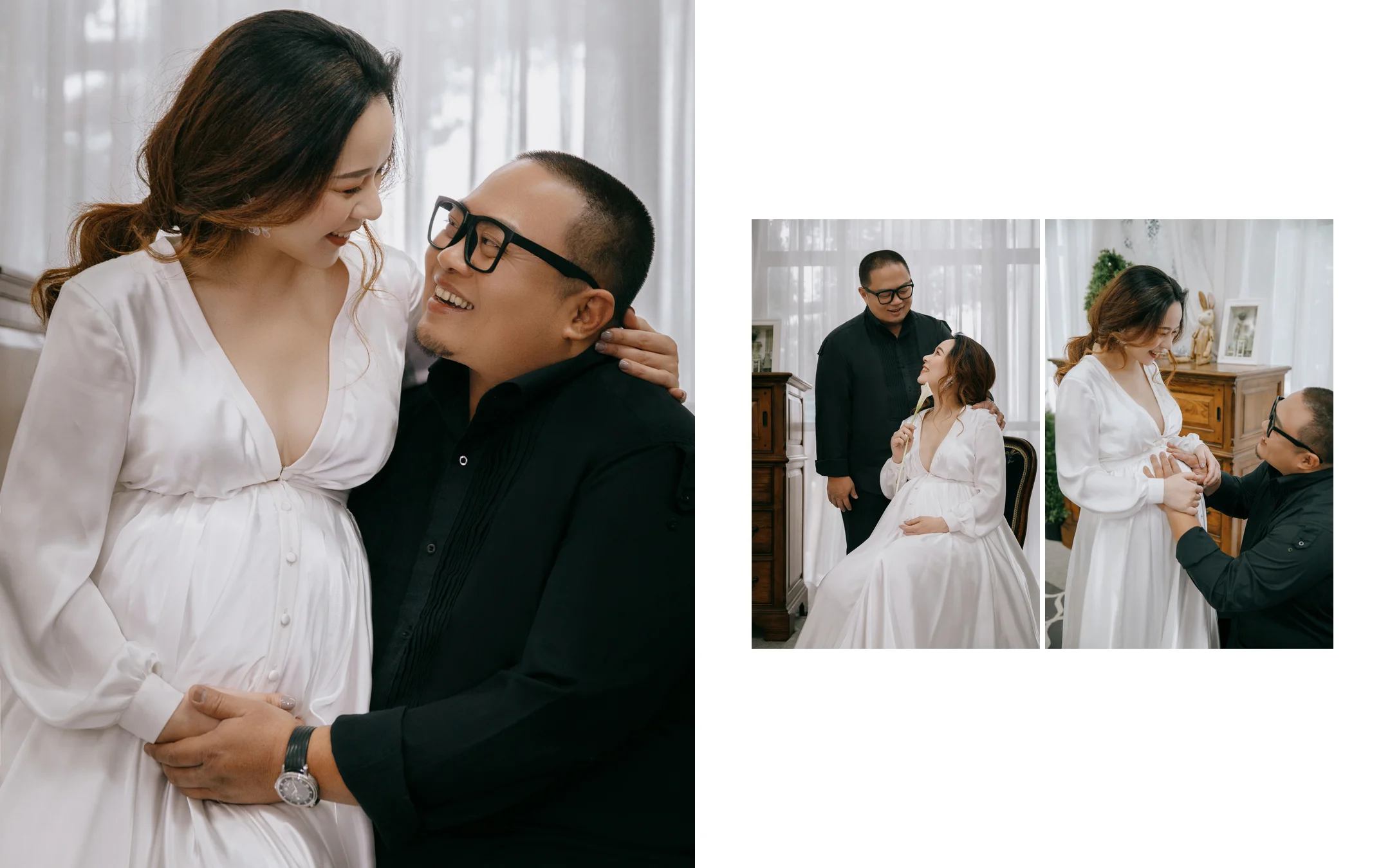 室內窗邊日光親密陪伴 | 自然感雙人孕照 Lattefotos 準父母在窗邊自然光下相視微笑與先生輕撫孕婦孕肚的雙人寫真組合