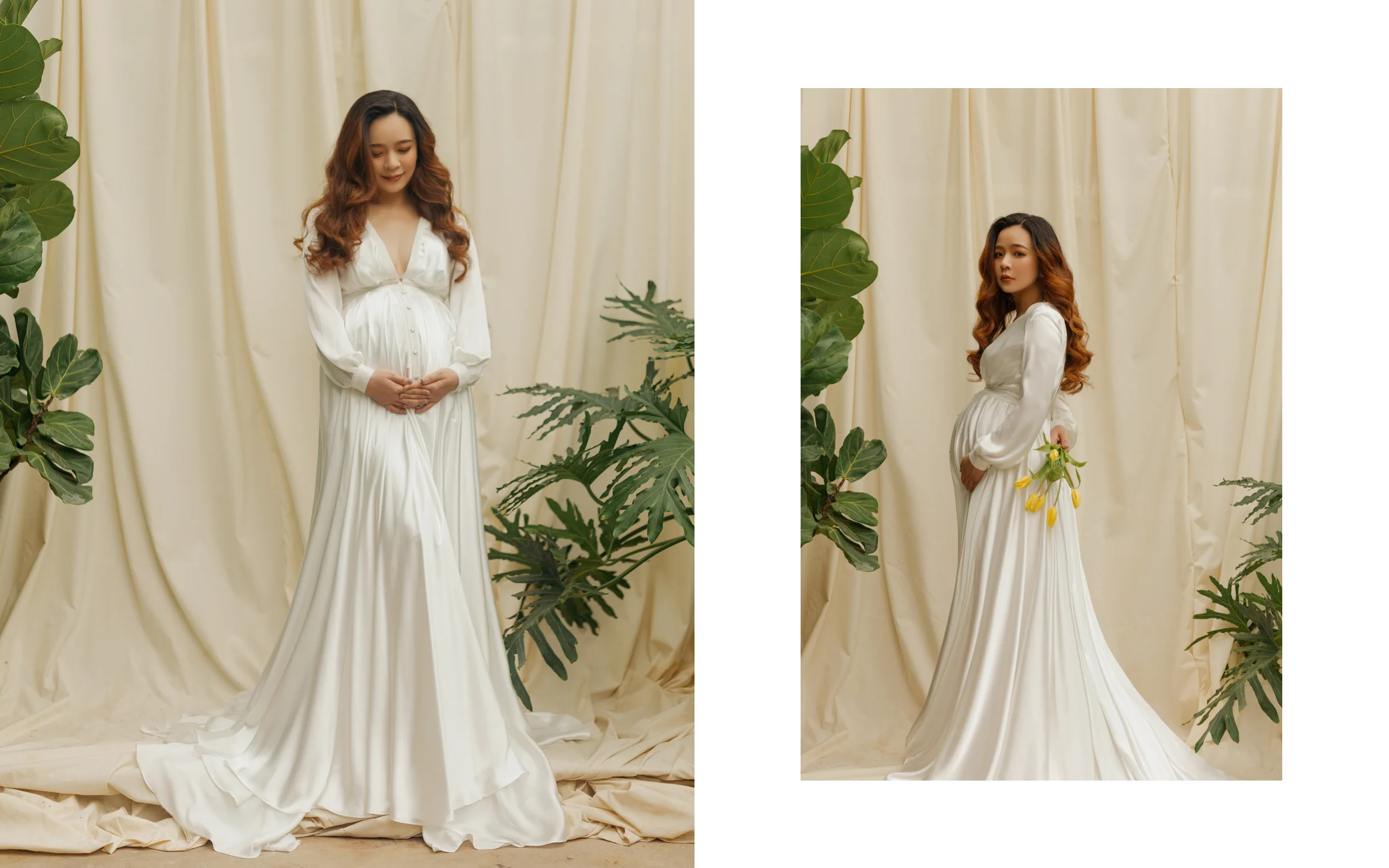 純白緞面孕婦禮服姿態 | 質感孕照隨筆 Lattefotos 孕婦VIVI身穿純白緞面連身裙雙手撫摸孕肚與側身手持黃色鬱金香之雙拼組合照